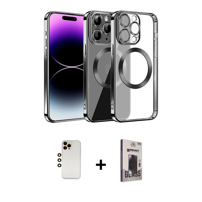 MARSİLYAN™- iPhone 13 Pro Max Kılıf Pusula Form - Siyah Bilvis Hayalet Cam Ekran Koruyucu + Gold Shine Kamera Lens