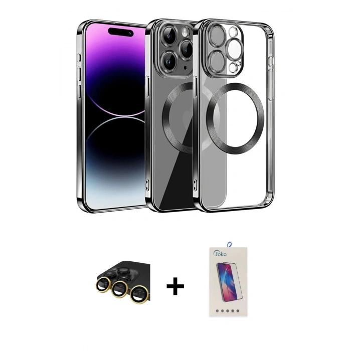 MARSİLYAN™- iPhone 13 Pro Max Kılıf Pusula Form - Siyah Joko 5D Cam + Gold Raze Metal Kamera Lens