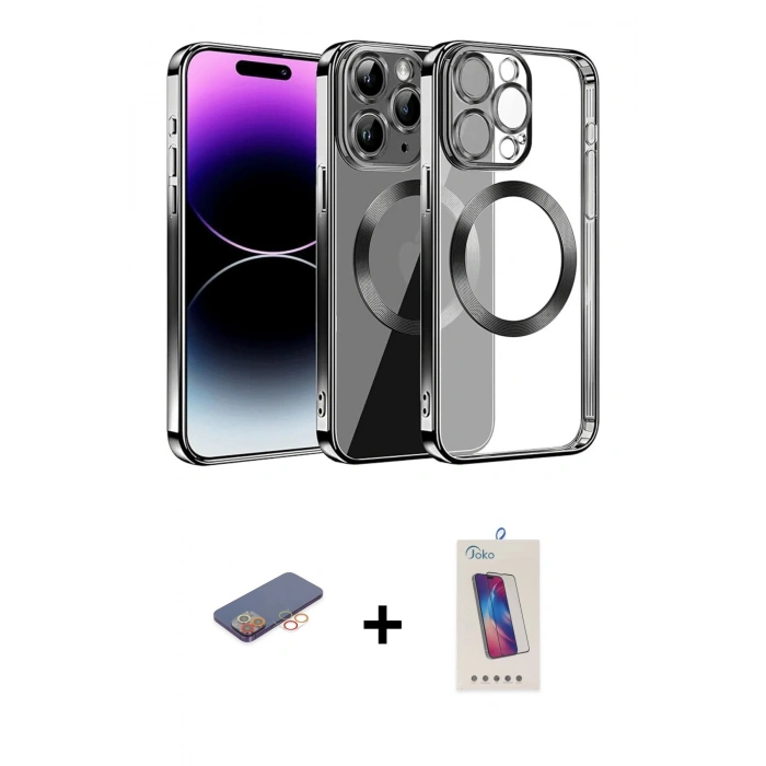MARSİLYAN™- iPhone 13 Pro Max Kılıf Pusula Form - Siyah Joko 5D Cam + Renkli Kamera Lens Koruma Cam - TU