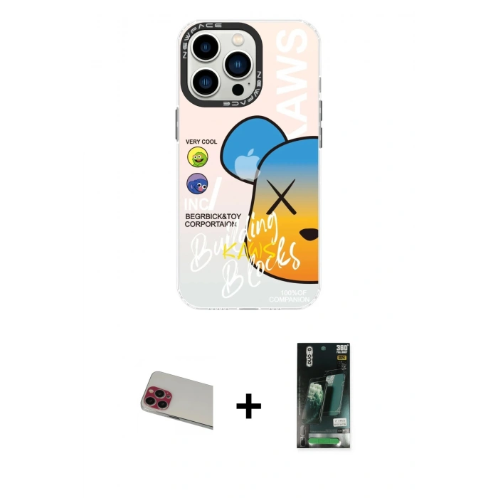 MARSİLYAN™- iPhone 13 Pro Max Kılıf Siluet Çizgi Koleksiyonu - Şeffaf 360 Full Body Arka Koruyucu + Kırmızı Rainbow Kamera Lens Koruma Cam