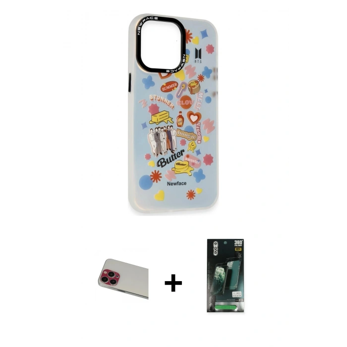 MARSİLYAN™- iPhone 13 Pro Max Kılıf Siluet Çizgi Koleksiyonu - Şeffaf 360 Full Body Arka Koruyucu + Kırmızı Rainbow Kamera Lens Koruma Cam