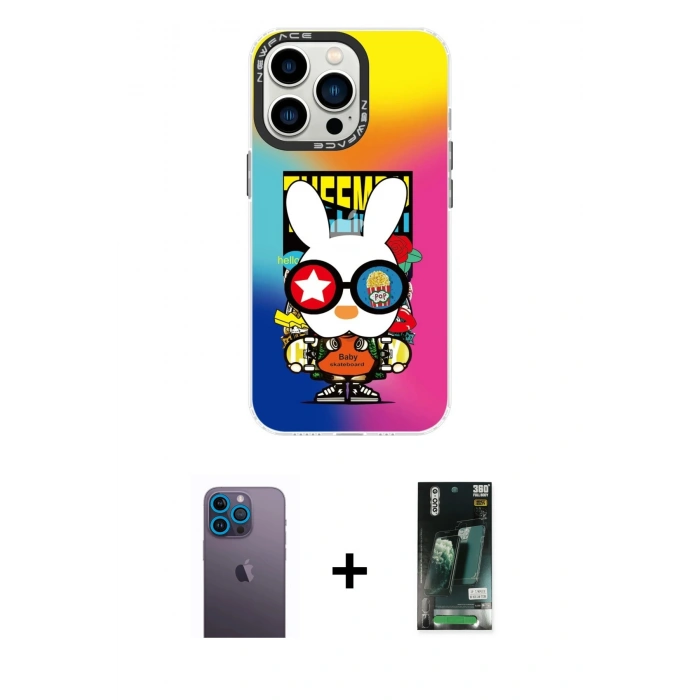 MARSİLYAN™- iPhone 13 Pro Max Kılıf Siluet Çizgi Koleksiyonu - Şeffaf 360 Full Body Arka Koruyucu + Neon Fosforlu Kamera Lens - MI