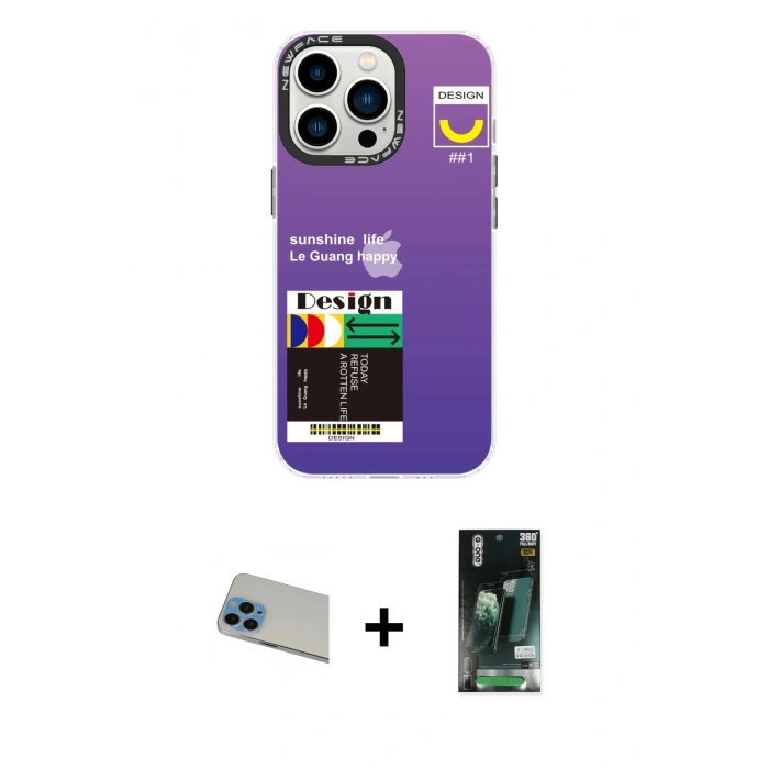 MARSİLYAN™- iPhone 13 Pro Max Kılıf Siluet Çizgi Koleksiyonu - Şeffaf 360 Full Body Arka Koruyucu + Mavi Rainbow Kamera Lens Koruma Cam