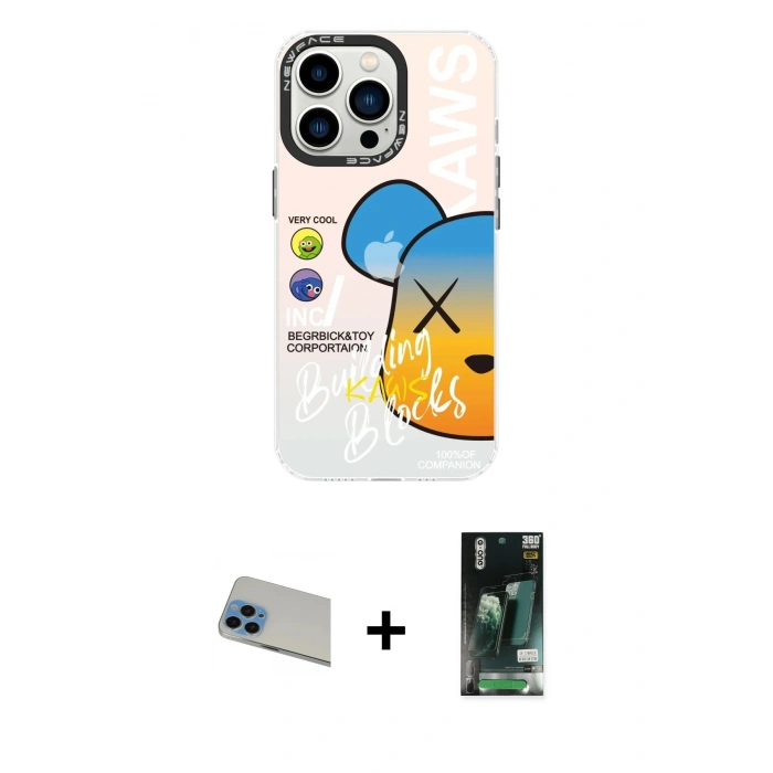 MARSİLYAN™- iPhone 13 Pro Max Kılıf Siluet Çizgi Koleksiyonu - Şeffaf 360 Full Body Arka Koruyucu + Mavi Rainbow Kamera Lens Koruma Cam