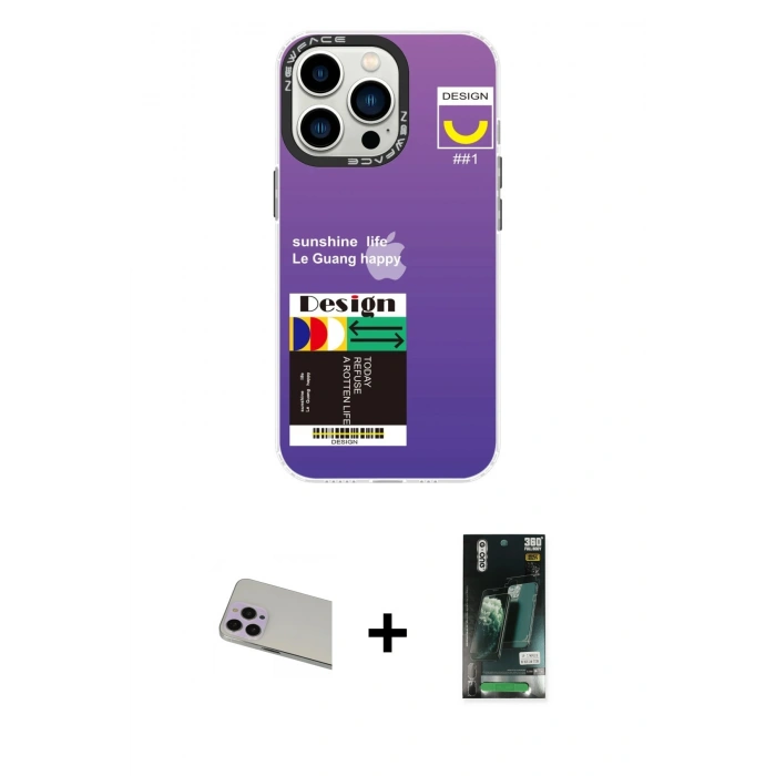 MARSİLYAN™- iPhone 13 Pro Max Kılıf Siluet Çizgi Koleksiyonu - Şeffaf 360 Full Body Arka Koruyucu + Mor Rainbow Kamera Lens Koruma Cam