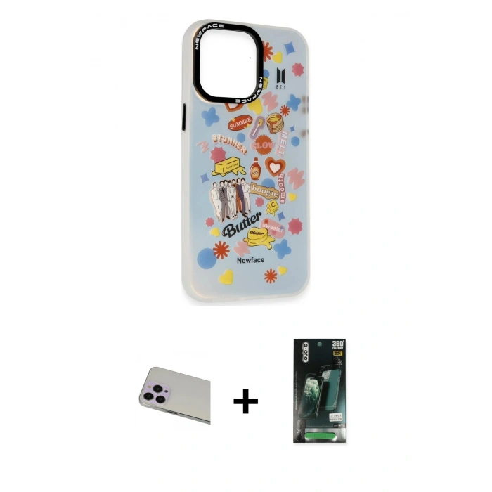 MARSİLYAN™- iPhone 13 Pro Max Kılıf Siluet Çizgi Koleksiyonu - Şeffaf 360 Full Body Arka Koruyucu + Mor Rainbow Kamera Lens Koruma Cam