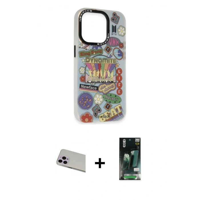 MARSİLYAN™- iPhone 13 Pro Max Kılıf Siluet Çizgi Koleksiyonu - Şeffaf 360 Full Body Arka Koruyucu + Mor Rainbow Kamera Lens Koruma Cam