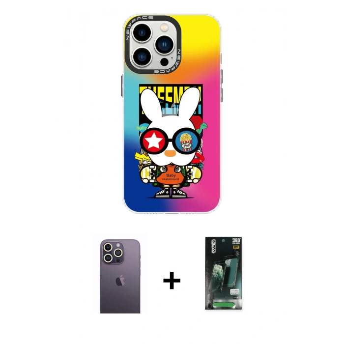 MARSİLYAN™- iPhone 13 Pro Max Kılıf Siluet Çizgi Koleksiyonu - Şeffaf 360 Full Body Arka Koruyucu + Neon Fosforlu Kamera Lens - BZ