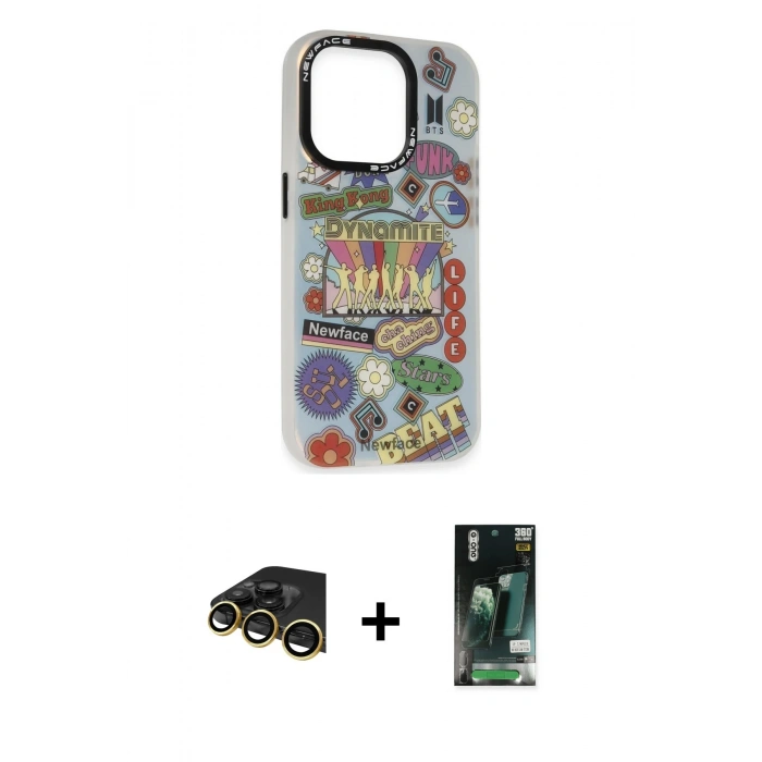 MARSİLYAN™- iPhone 13 Pro Max Kılıf Siluet Çizgi Koleksiyonu - Şeffaf 360 Full Body Arka Koruyucu + Raze Metal Kamera Lens - GD