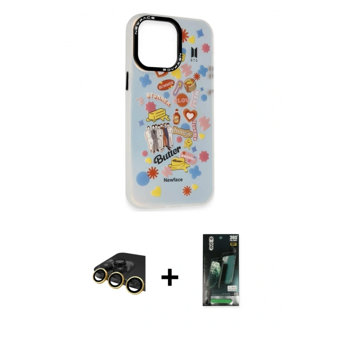 MARSİLYAN™- iPhone 13 Pro Max Kılıf Siluet Çizgi Koleksiyonu - Şeffaf 360 Full Body Arka Koruyucu + Raze Metal Kamera Lens - GD