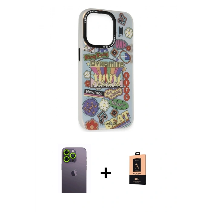MARSİLYAN™- iPhone 13 Pro Max Kılıf Siluet Çizgi Koleksiyonu - Şeffaf Maxco Cam Ekran Koruyucu + Neon Fosforlu Kamera Lens - YL