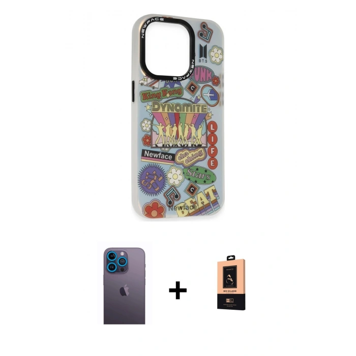 MARSİLYAN™- iPhone 13 Pro Max Kılıf Siluet Çizgi Koleksiyonu - Şeffaf Maxco Cam Ekran Koruyucu + Neon Fosforlu Kamera Lens - MI