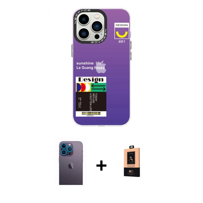 MARSİLYAN™- iPhone 13 Pro Max Kılıf Siluet Çizgi Koleksiyonu - Şeffaf Maxco Cam Ekran Koruyucu + Neon Fosforlu Kamera Lens - MI