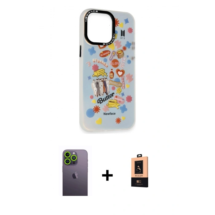 MARSİLYAN™- iPhone 13 Pro Max Kılıf Siluet Çizgi Koleksiyonu - Şeffaf Maxco Cam Ekran Koruyucu + Neon Fosforlu Kamera Lens - YL