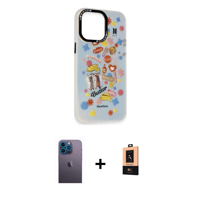 MARSİLYAN™- iPhone 13 Pro Max Kılıf Siluet Çizgi Koleksiyonu - Şeffaf Maxco Cam Ekran Koruyucu + Neon Fosforlu Kamera Lens - MI