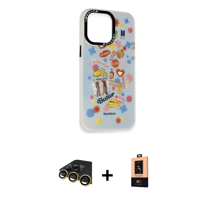 MARSİLYAN™- iPhone 13 Pro Max Kılıf Siluet Çizgi Koleksiyonu - Şeffaf Maxco Cam Ekran Koruyucu + Raze Metal Kamera Lens - GD