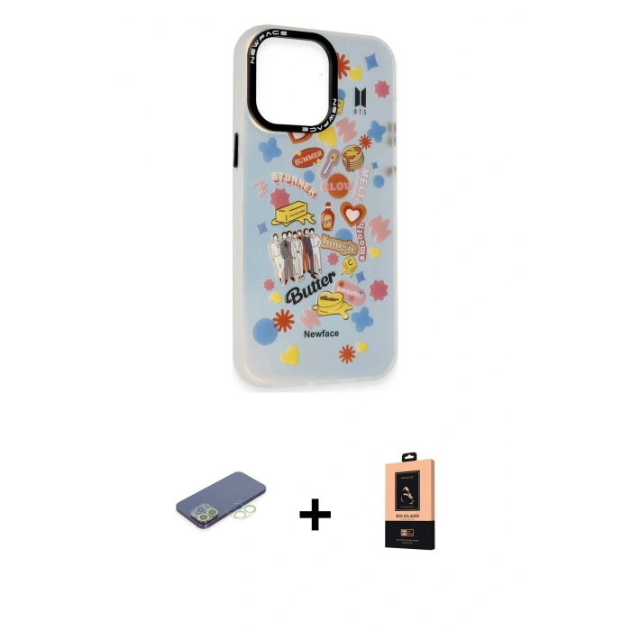 MARSİLYAN™- iPhone 13 Pro Max Kılıf Siluet Çizgi Koleksiyonu - Şeffaf Maxco Cam Ekran Koruyucu + Renkli Kamera Lens Koruma Cam - YL