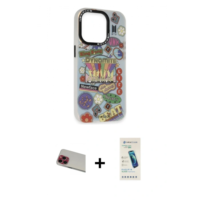 MARSİLYAN™- iPhone 13 Pro Max Kılıf Siluet Çizgi Koleksiyonu - Şeffaf Pasifik Cam Ekran Koruyucu + Rainbow Kamera Lens Koruma Cam - KI