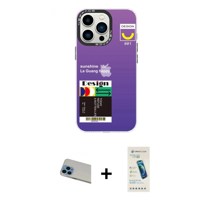 MARSİLYAN™- iPhone 13 Pro Max Kılıf Siluet Çizgi Koleksiyonu - Şeffaf Pasifik Cam Ekran Koruyucu + Rainbow Kamera Lens Koruma Cam - MI