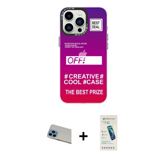 MARSİLYAN™- iPhone 13 Pro Max Kılıf Siluet Çizgi Koleksiyonu - Şeffaf Pasifik Cam Ekran Koruyucu + Rainbow Kamera Lens Koruma Cam - MI