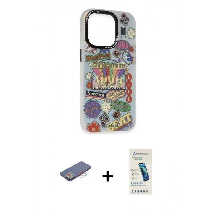 MARSİLYAN™- iPhone 13 Pro Max Kılıf Siluet Çizgi Koleksiyonu - Şeffaf Pasifik Cam Ekran Koruyucu + Renkli Kamera Lens Koruma Cam - MI