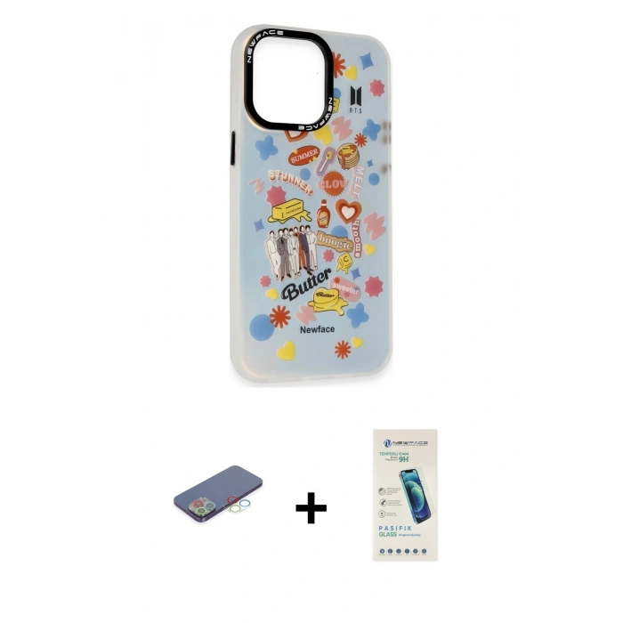 MARSİLYAN™- iPhone 13 Pro Max Kılıf Siluet Çizgi Koleksiyonu - Şeffaf Pasifik Cam Ekran Koruyucu + Renkli Kamera Lens Koruma Cam - MI
