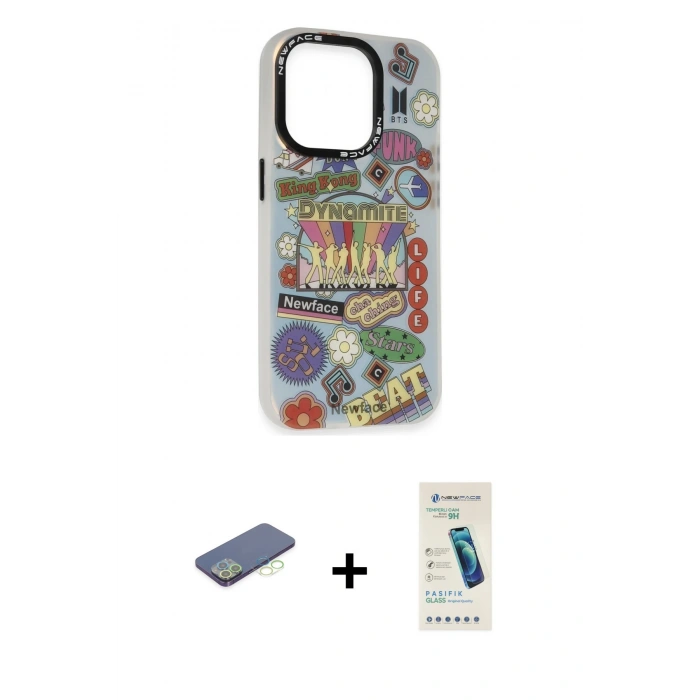 MARSİLYAN™- iPhone 13 Pro Max Kılıf Siluet Çizgi Koleksiyonu - Şeffaf Pasifik Cam Ekran Koruyucu + Renkli Kamera Lens Koruma Cam - YL
