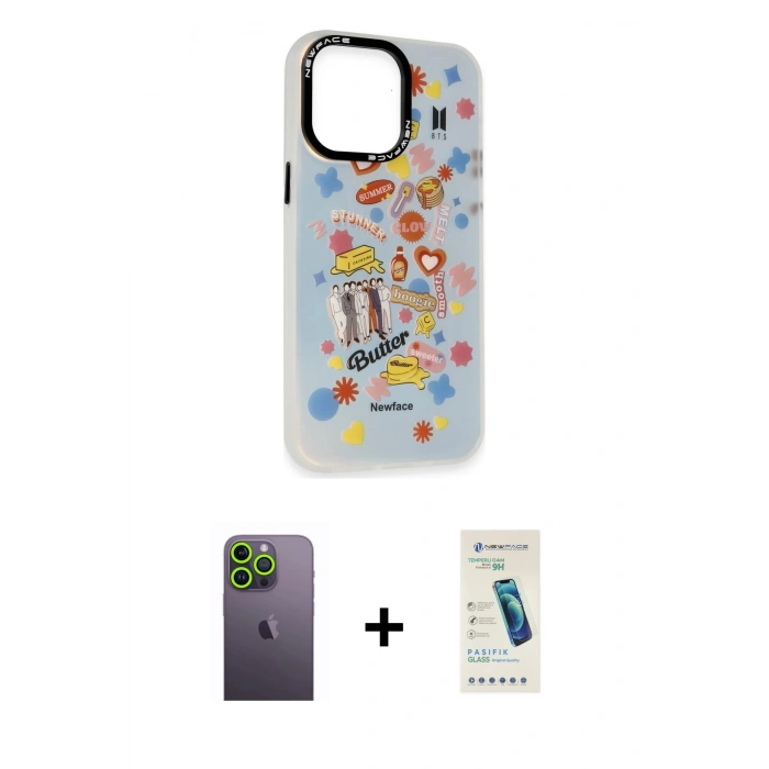 MARSİLYAN™- iPhone 13 Pro Max Kılıf Siluet Çizgi Koleksiyonu - Şeffaf Pasifik Cam Ekran Koruyucu + Yeşil Neon Fosforlu Kamera Lens