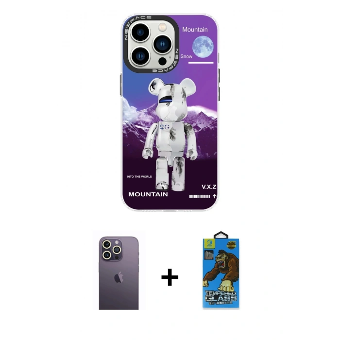 MARSİLYAN™- iPhone 13 Pro Max Kılıf Siluet Çizgi Koleksiyonu - Siyah 18D Cam Ekran Koruyucu + Neon Fosforlu Kamera Lens - BZ
