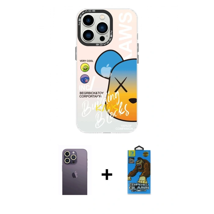 MARSİLYAN™- iPhone 13 Pro Max Kılıf Siluet Çizgi Koleksiyonu - Siyah 18D Cam Ekran Koruyucu + Neon Fosforlu Kamera Lens - BZ