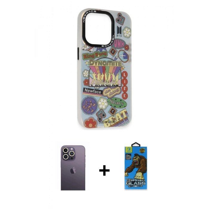 MARSİLYAN™- iPhone 13 Pro Max Kılıf Siluet Çizgi Koleksiyonu - Siyah 18D Cam Ekran Koruyucu + Neon Fosforlu Kamera Lens - BZ