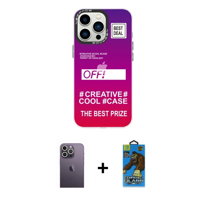 MARSİLYAN™- iPhone 13 Pro Max Kılıf Siluet Çizgi Koleksiyonu - Siyah 18D Cam Ekran Koruyucu + Neon Fosforlu Kamera Lens - BZ
