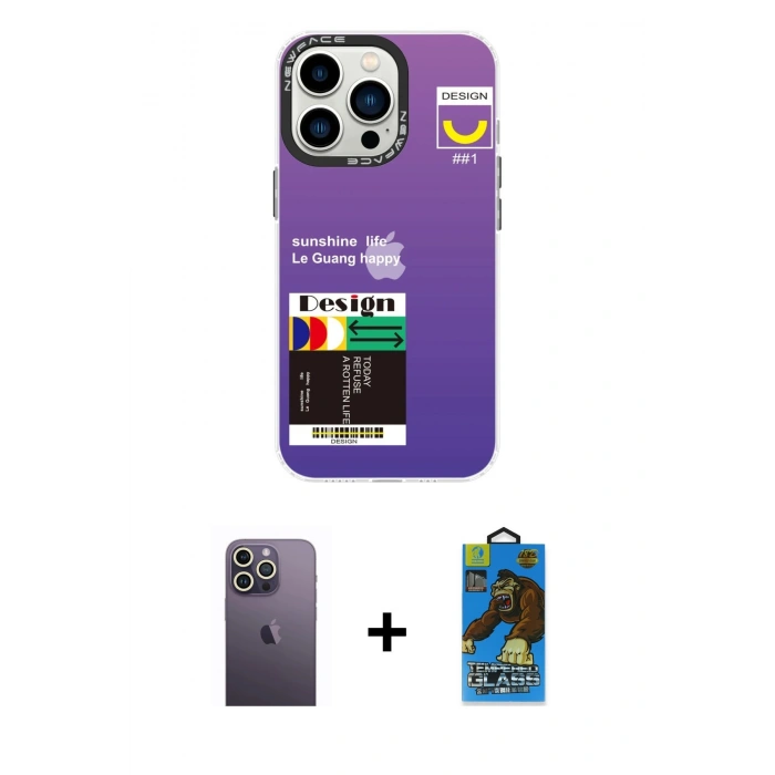 MARSİLYAN™- iPhone 13 Pro Max Kılıf Siluet Çizgi Koleksiyonu - Siyah 18D Cam Ekran Koruyucu + Neon Fosforlu Kamera Lens - BZ