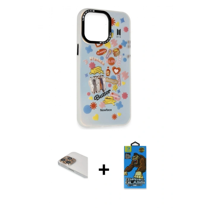 MARSİLYAN™- iPhone 13 Pro Max Kılıf Siluet Çizgi Koleksiyonu - Siyah 18D Cam Ekran Koruyucu + Gold Pers Alüminyum Kamera Lens