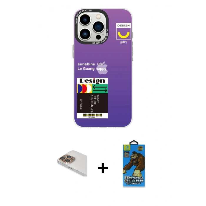 MARSİLYAN™- iPhone 13 Pro Max Kılıf Siluet Çizgi Koleksiyonu - Siyah 18D Cam Ekran Koruyucu + Gold Pers Alüminyum Kamera Lens