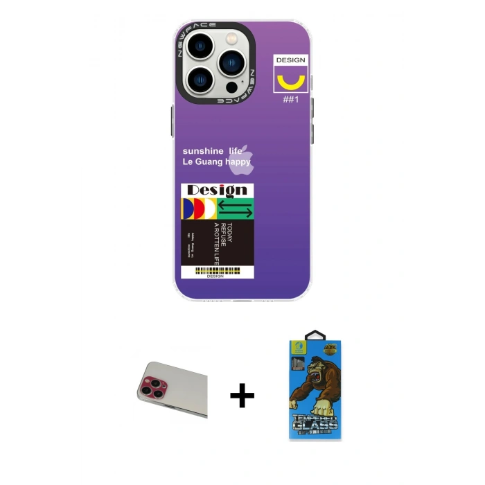 MARSİLYAN™- iPhone 13 Pro Max Kılıf Siluet Çizgi Koleksiyonu - Siyah 18D Cam Ekran Koruyucu + Rainbow Kamera Lens Koruma Cam - KI