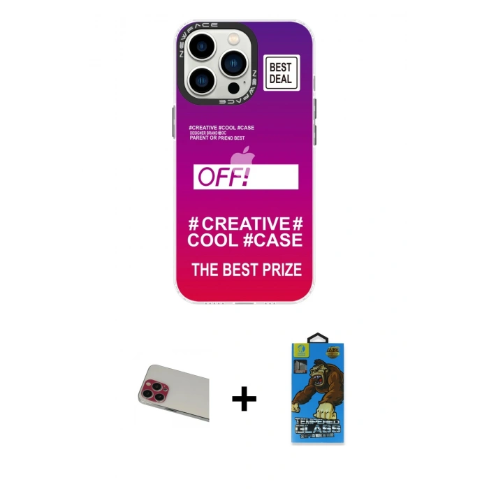 MARSİLYAN™- iPhone 13 Pro Max Kılıf Siluet Çizgi Koleksiyonu - Siyah 18D Cam Ekran Koruyucu + Rainbow Kamera Lens Koruma Cam - KI
