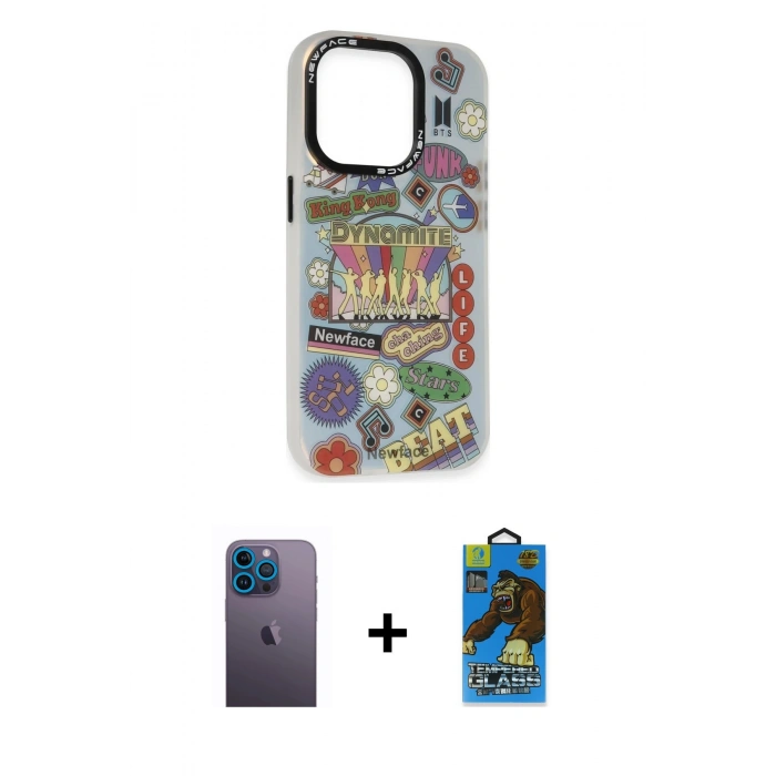 MARSİLYAN™- iPhone 13 Pro Max Kılıf Siluet Çizgi Koleksiyonu - Siyah 18D Cam Ekran Koruyucu + Neon Fosforlu Kamera Lens - MI