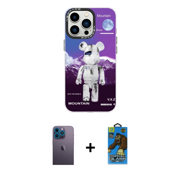 MARSİLYAN™- iPhone 13 Pro Max Kılıf Siluet Çizgi Koleksiyonu - Siyah 18D Cam Ekran Koruyucu + Neon Fosforlu Kamera Lens - MI