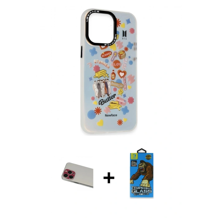 MARSİLYAN™- iPhone 13 Pro Max Kılıf Siluet Çizgi Koleksiyonu - Siyah 18D Cam Ekran Koruyucu + Rainbow Kamera Lens Koruma Cam - KI