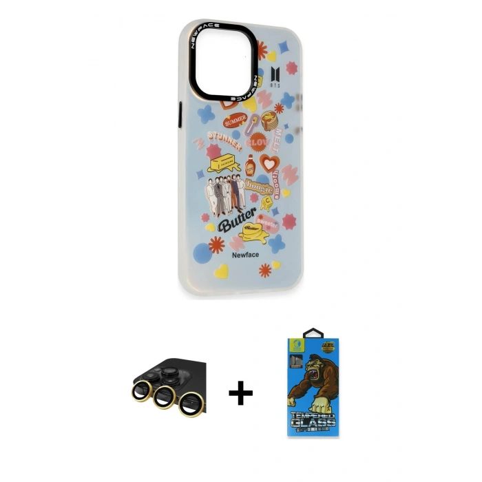 MARSİLYAN™- iPhone 13 Pro Max Kılıf Siluet Çizgi Koleksiyonu - Siyah 18D Cam Ekran Koruyucu + Raze Metal Kamera Lens - GD