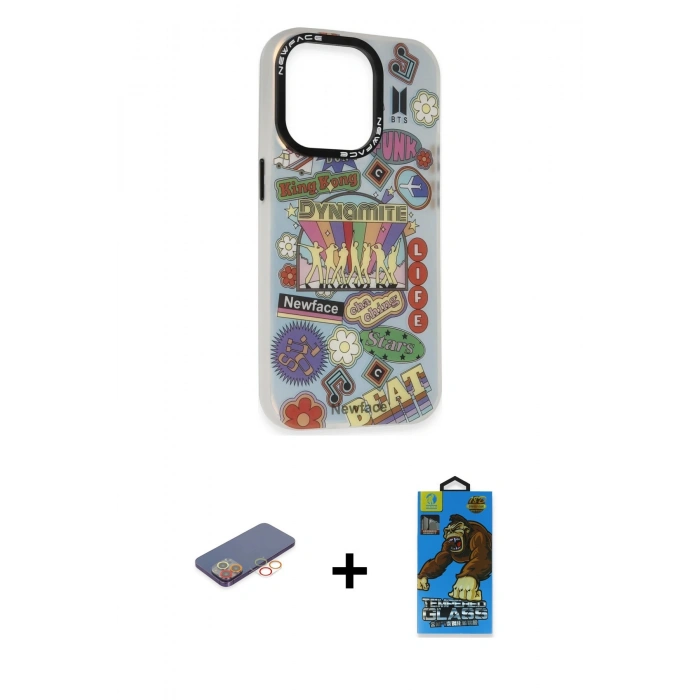 MARSİLYAN™- iPhone 13 Pro Max Kılıf Siluet Çizgi Koleksiyonu - Siyah 18D Cam Ekran Koruyucu + Renkli Kamera Lens Koruma Cam - TU