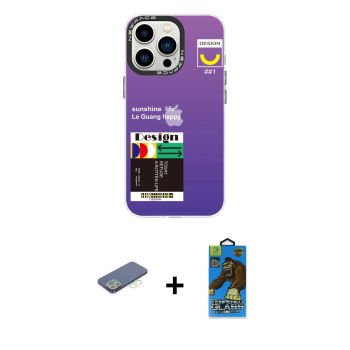 MARSİLYAN™- iPhone 13 Pro Max Kılıf Siluet Çizgi Koleksiyonu - Siyah 18D Cam Ekran Koruyucu + Renkli Kamera Lens Koruma Cam - YL