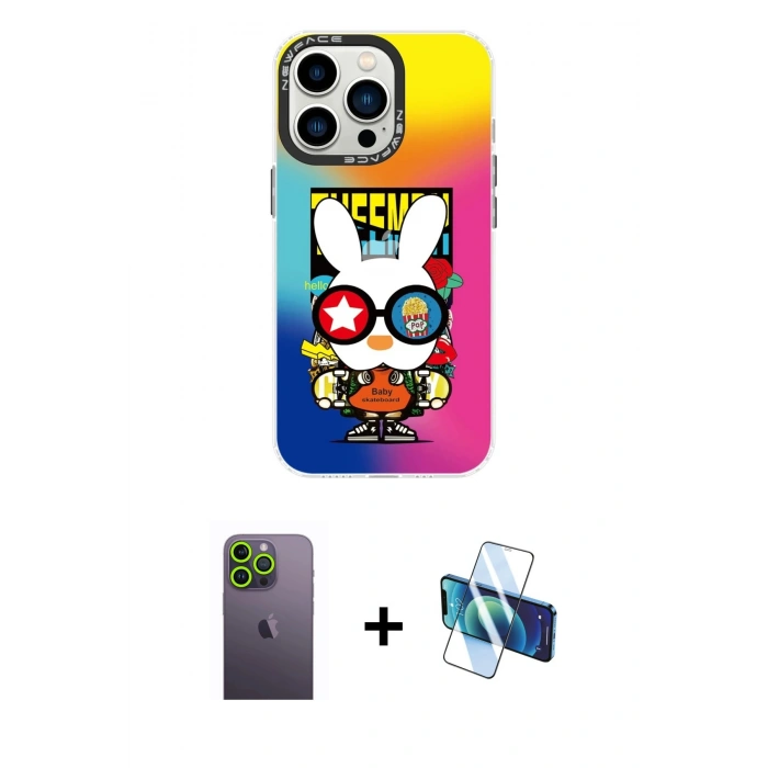 MARSİLYAN™- iPhone 13 Pro Max Kılıf Siluet Çizgi Koleksiyonu - Siyah 3D Antistatik Cam Ekran Koruyucu + Neon Fosforlu Kamera Lens - YL