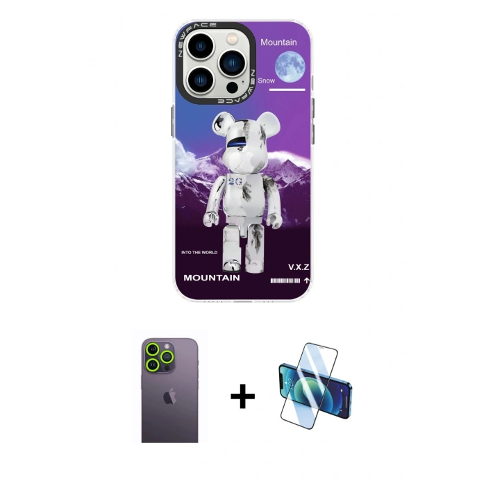 MARSİLYAN™- iPhone 13 Pro Max Kılıf Siluet Çizgi Koleksiyonu - Siyah 3D Antistatik Cam Ekran Koruyucu + Neon Fosforlu Kamera Lens - YL