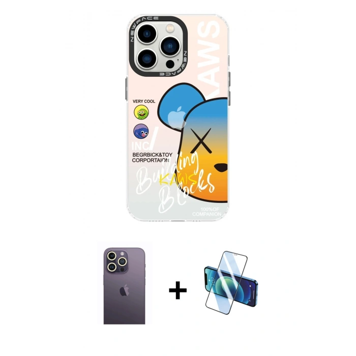 MARSİLYAN™- iPhone 13 Pro Max Kılıf Siluet Çizgi Koleksiyonu - Siyah 3D Antistatik Cam Ekran Koruyucu + Neon Fosforlu Kamera Lens - BZ