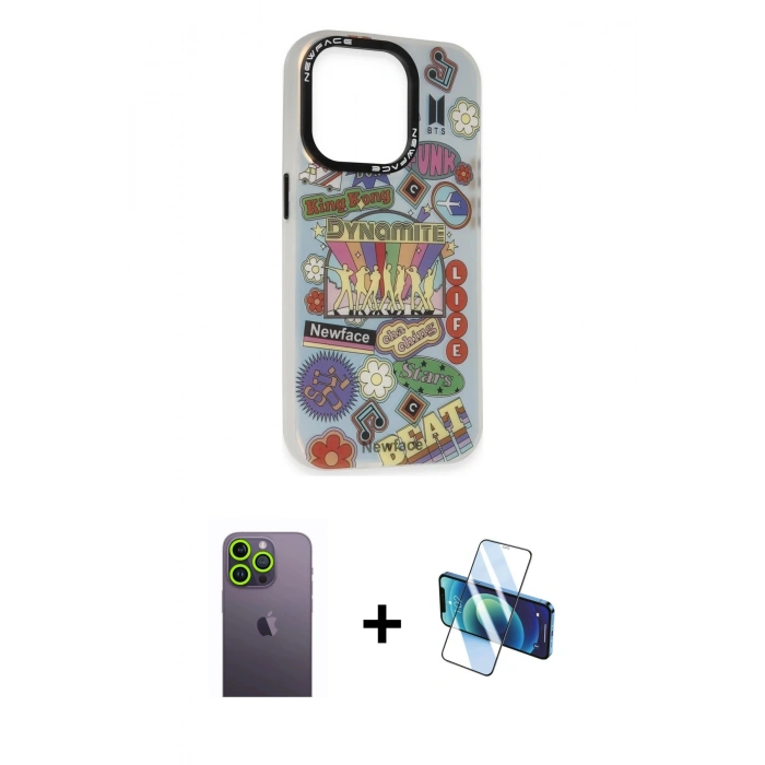 MARSİLYAN™- iPhone 13 Pro Max Kılıf Siluet Çizgi Koleksiyonu - Siyah 3D Antistatik Cam Ekran Koruyucu + Neon Fosforlu Kamera Lens - YL