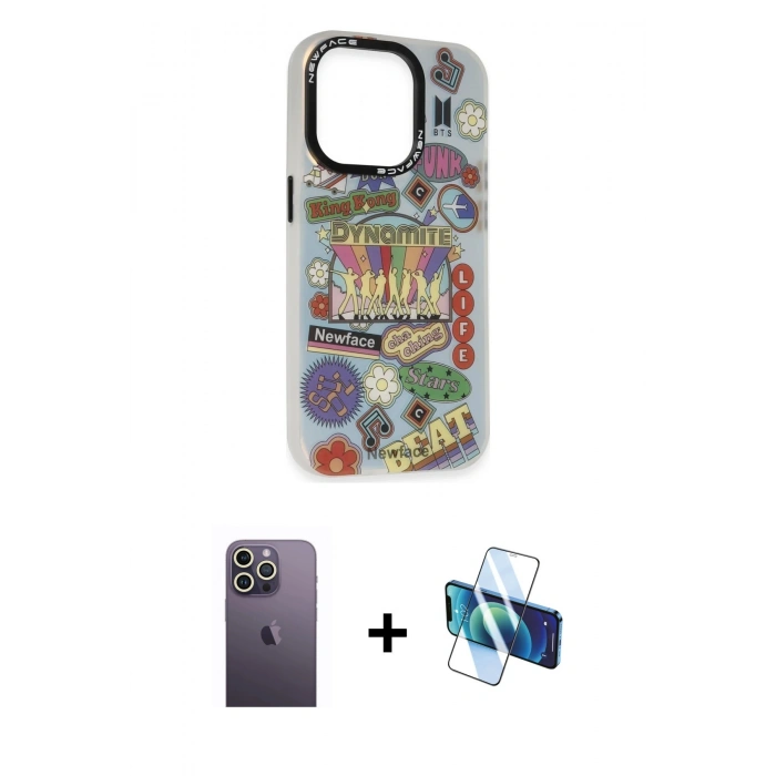 MARSİLYAN™- iPhone 13 Pro Max Kılıf Siluet Çizgi Koleksiyonu - Siyah 3D Antistatik Cam Ekran Koruyucu + Neon Fosforlu Kamera Lens - BZ
