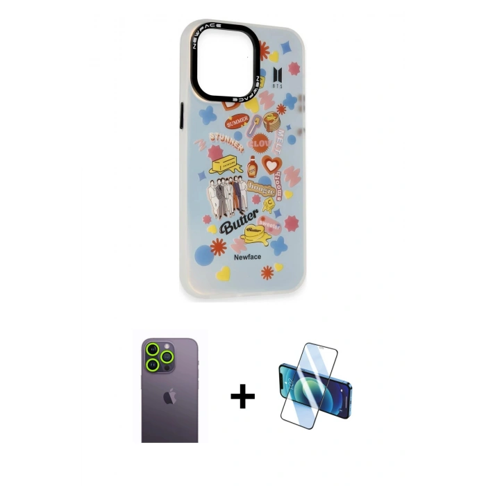MARSİLYAN™- iPhone 13 Pro Max Kılıf Siluet Çizgi Koleksiyonu - Siyah 3D Antistatik Cam Ekran Koruyucu + Neon Fosforlu Kamera Lens - YL