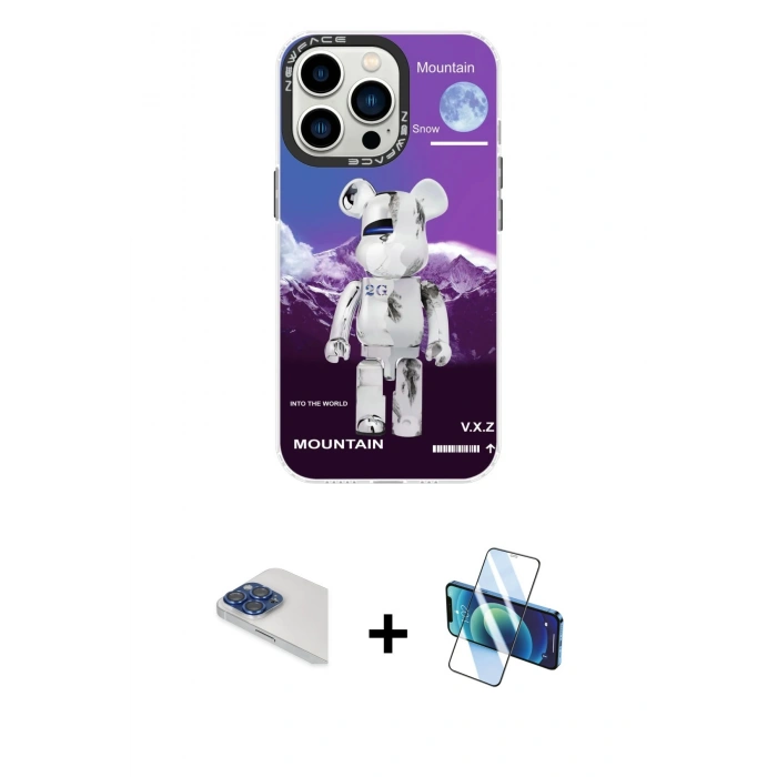 MARSİLYAN™- iPhone 13 Pro Max Kılıf Siluet Çizgi Koleksiyonu - Siyah 3D Antistatik Cam Ekran Koruyucu + Pers Alüminyum Kamera Lens - LT